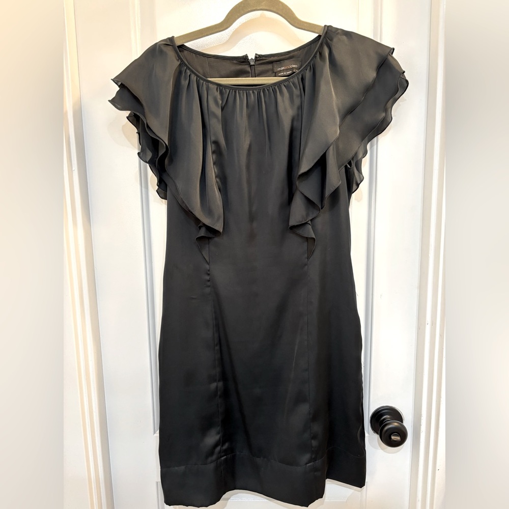 Max & Cleo Black Silk Ruffle Cape Sleeve Dress Size 8